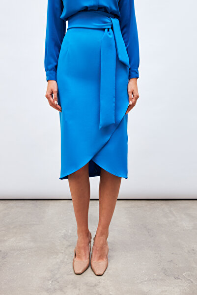 Sateen Belted Pencil Skirt - Sax Blue