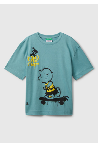 United Colors of Benetton Boy's Grey-Green Multicolor Peanuts Printed Sleeve Logo Label Comfort Fit T-Shirt