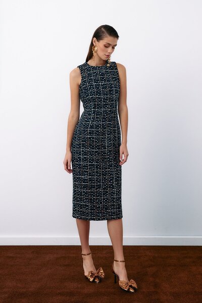 Sateen Sleeveless Tweed Pencil Dress - Navy Blue