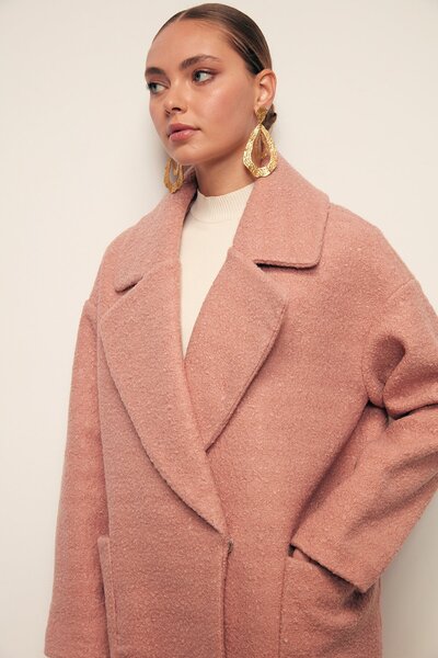 Sateen Geniş Cepli Buklet Kaban - Pudra