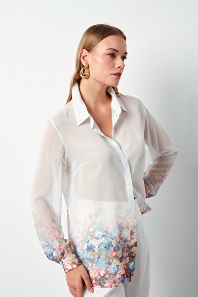Sateen Çiçek Desenli Gömlek - Ekru