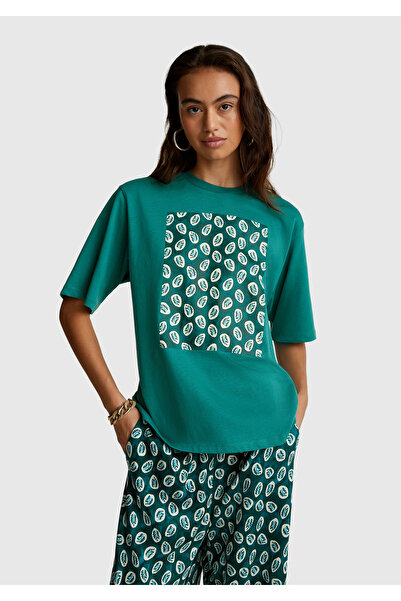 United Colors of Benetton Γυναικείο μπλουζάκι με στάμπα από βαθύ πράσινο βαμβάκι