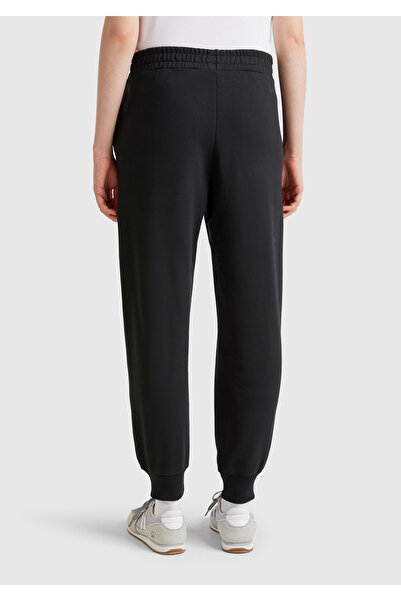 United Colors of Benetton Pantaloni de sport negri, 100% bumbac, cu manșete, cu talie elastică, cu potrivire normală