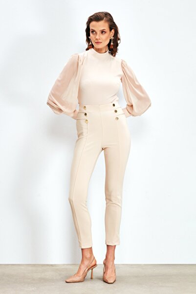 Sateen Dik Yaka Şifon Kol Detaylı Bluz - Bej