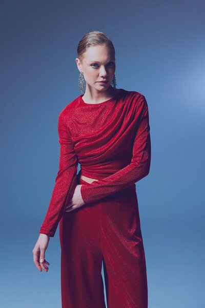 Sateen Red Glitter Blouse - Drawstring Detail