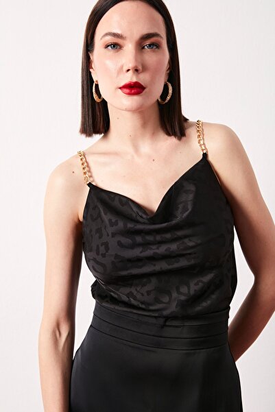 Sateen Zincir Askılı Saten Bluz - SİYAH