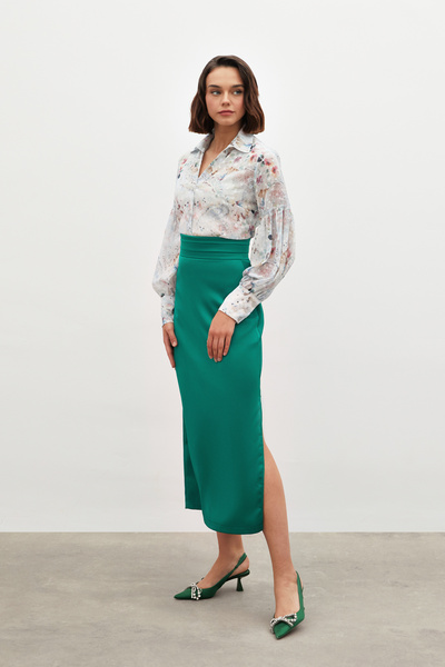 Sateen Детальна атласна спідниця з поясом - Зумрут