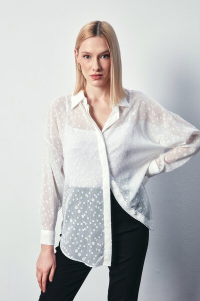 Sateen Desenli Uzun Gömlek - Ekru