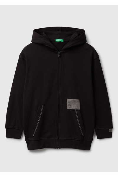 United Colors of Benetton Erkek Çocuk Siyah Logolu Etiket Detaylı Fermuarlı Kapüşonlu Sweatshirt