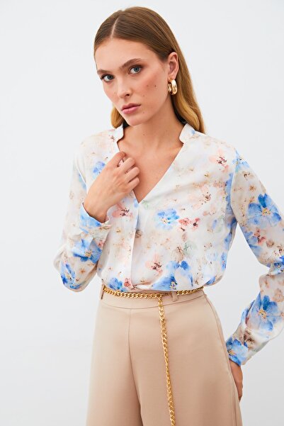 Sateen Desenli Kruvaze Bluz - MAVİ