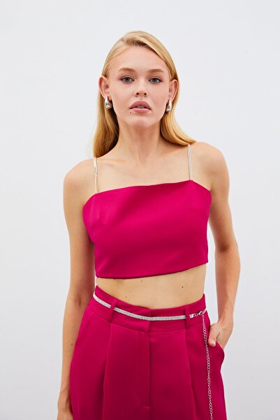 Sateen Taş Askılı Saten Crop Bluz - Mercan
