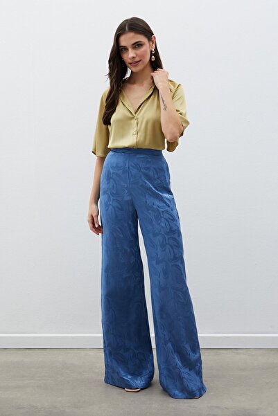 Sateen Jakarlı Salaş Pantolon - İNDİGO