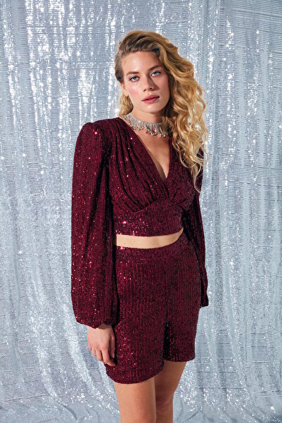 Sateen Payet Detaylı Şort - Bordo