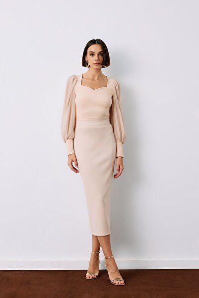 Sateen Fusta creion midi bej