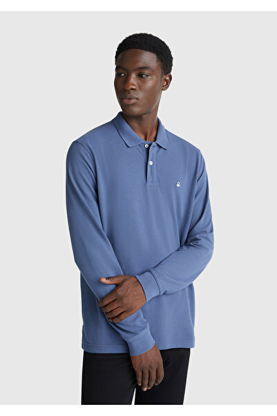 United Colors of Benetton Ανδρικό μπλουζάκι πόλο με μακρύ μανίκι μπλε αεροπορικό στυλ