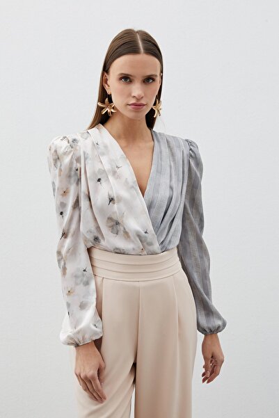 Sateen Çift Desenli Kruvaze Bodysuit Bluz - GRİ