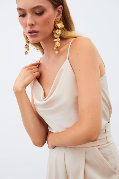 Sateen Flounce Collar Satin Blouse - Beige