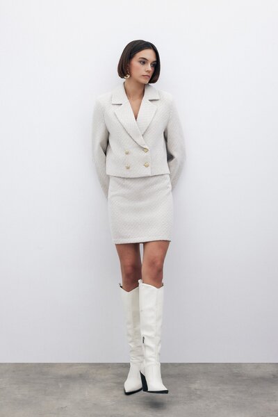 Sateen Simli Kısa Tüvit Ceket - Taş