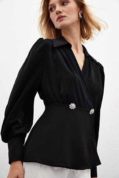 Sateen Gömlek Yakalı Bluz - SİYAH