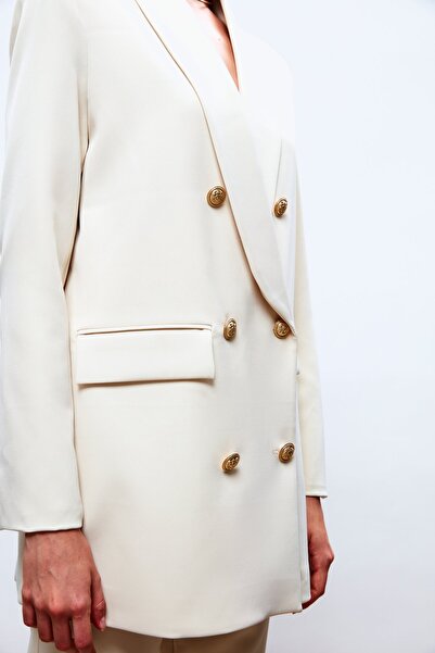 Sateen Düğme Detaylı Kruvaze Ceket - Taş