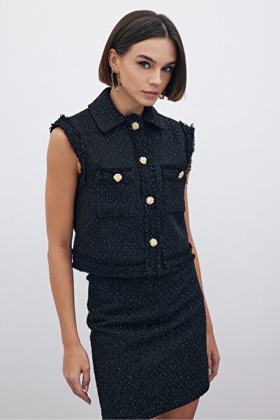 Sateen Ασημί Tweed Γιλέκο - ΜΑΥΡΟ