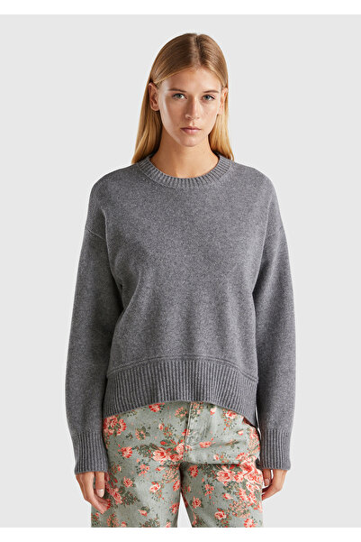 United Colors of Benetton Women's Anthracite Melange Wool Blended Wide Crew Neck Sweater