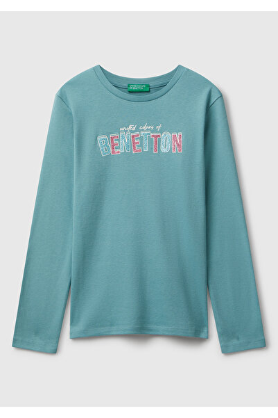 United Colors of Benetton Κοριτσίστικο μακρυμάνικο μπλουζάκι με γκρι-πράσινο ...