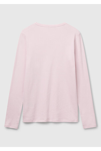 United Colors of Benetton Γυναικείο μακρυμάνικο μπλουζάκι με ανοιχτό ροζ Basic Crew λαιμόκοψη