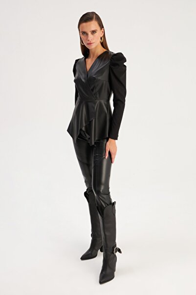 Sateen Bluză cu detaliu din piele - Negru