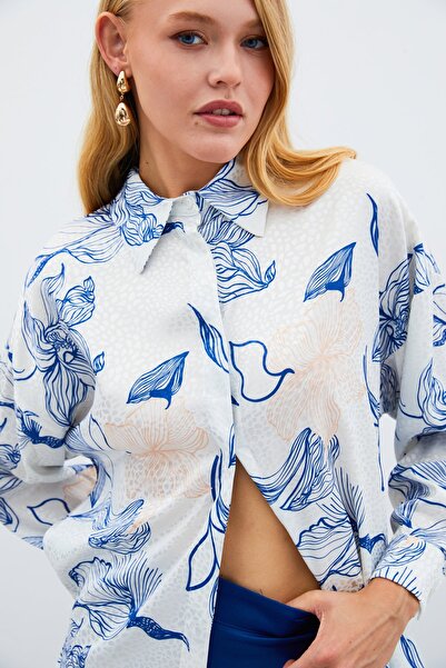 Sateen Renkli Desenli Salaş Gömlek - SAX MAVİ