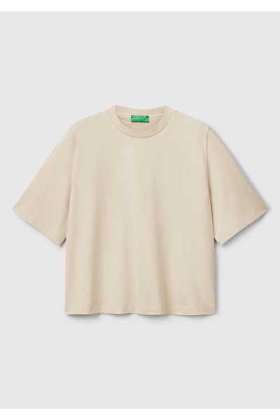 United Colors of Benetton Γυναικείο μπλουζάκι Cream 100% Cotton Boxy Fit