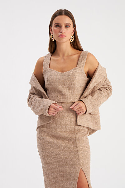 Sateen Beige Tweed Crop Blouse - Strappy