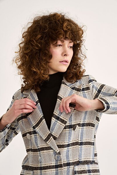 Sateen Jachetă în carouri cu detaliu cu nasturi - Albastru