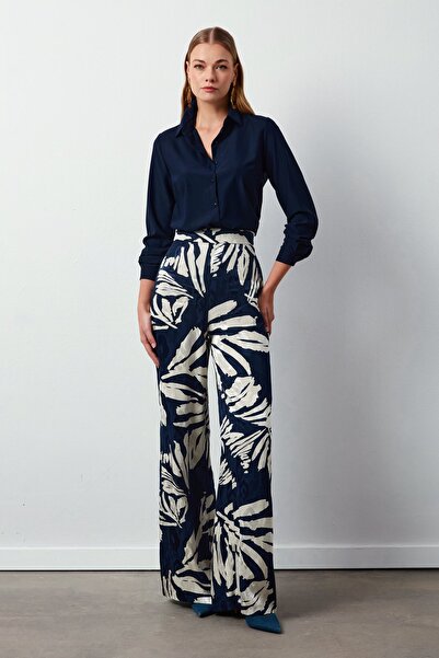 Sateen Floral Patterned Satin Trousers - Dark Blue