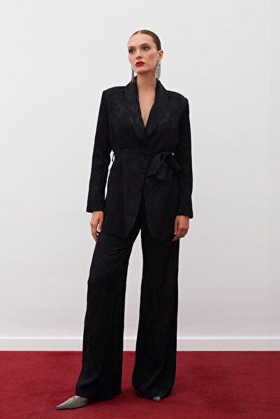 Sateen Pantaloni negri din satin jacquard