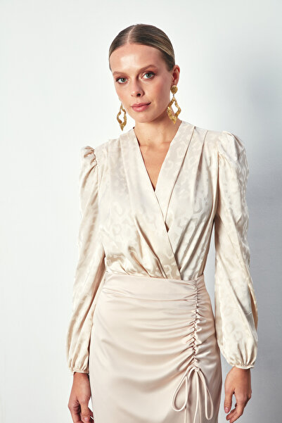 Sateen Double Breasted Patterned Bodysuit Blouse - Beige