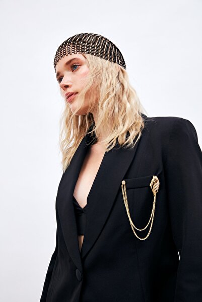 Sateen Short Jacket with Brooch Detail - Black