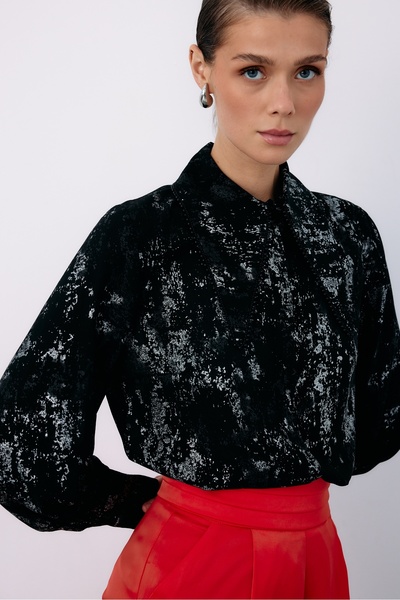 Sateen Geniş İnci Yakalı Gömlek - SİYAH-GÜMÜŞ