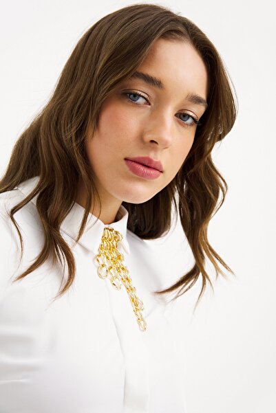 Sateen Zincir Aksesuarlı Düz Gömlek - Ekru