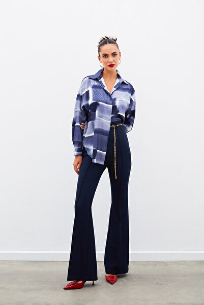 Sateen Desenli Uzun Gömlek - LACİVERT