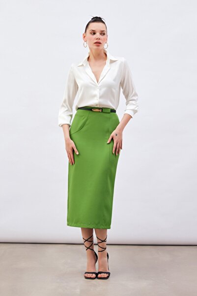 Sateen Light Green Midi Pencil Skirt - Belted