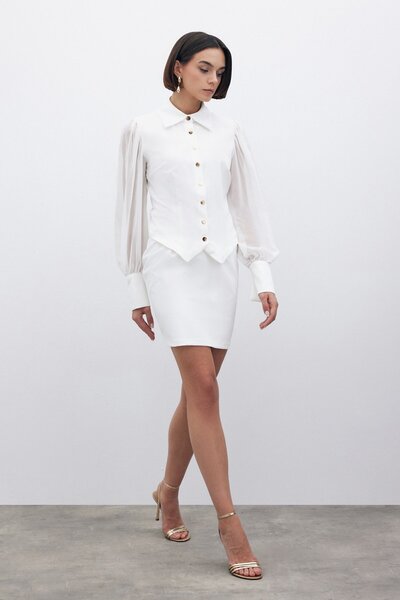 Sateen Şifon Kol Gömlek - Ekru