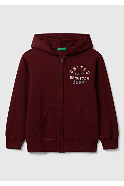 United Colors of Benetton Φούτερ με φερμουάρ και κουκούλα για αγόρια σε μπορντό χρώμα με λεπτομέρεια με λογότυπο στο μπροστινό μέρος