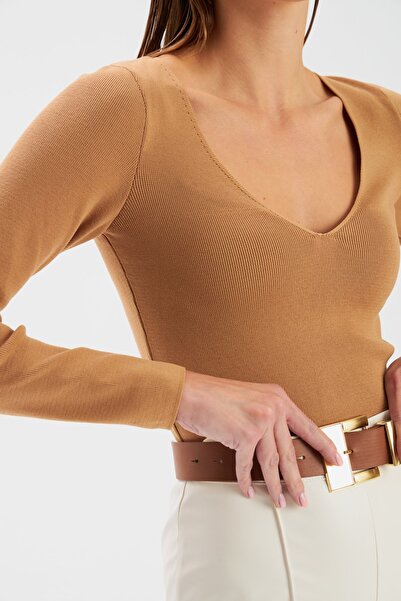 Sateen V Yaka Crop Triko - Vizon