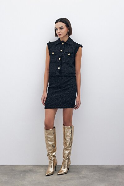 Sateen Simli Mini Tüvit Etek - SİYAH