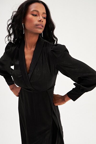 Sateen Kruvaze Detaylı Uzun Elbise - Siyah