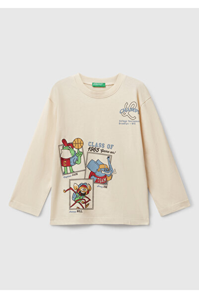 United Colors of Benetton Erkek Çocuk Krem Baskılı Bisiklet Yaka Uzun Kollu T-shirt