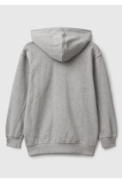 United Colors of Benetton Erkek Çocuk Gri Melanj Logolu Etiket Detaylı Fermuarlı Kapüşonlu Sweatshirt