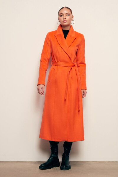 Sateen Kuşaklı Uzun Kaban - Oranj