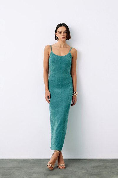 Sateen Askılı Kadife Midi Elbise - MİNT